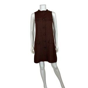 Vintage 60s Mod Dress Womens XXS Brown Linen Button Detail Sleeveless Mini Dress